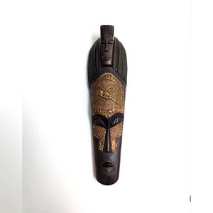 Vintage GHANA Hand Carved & Painted Wood / Metal Mask Wall Art  18" long .
